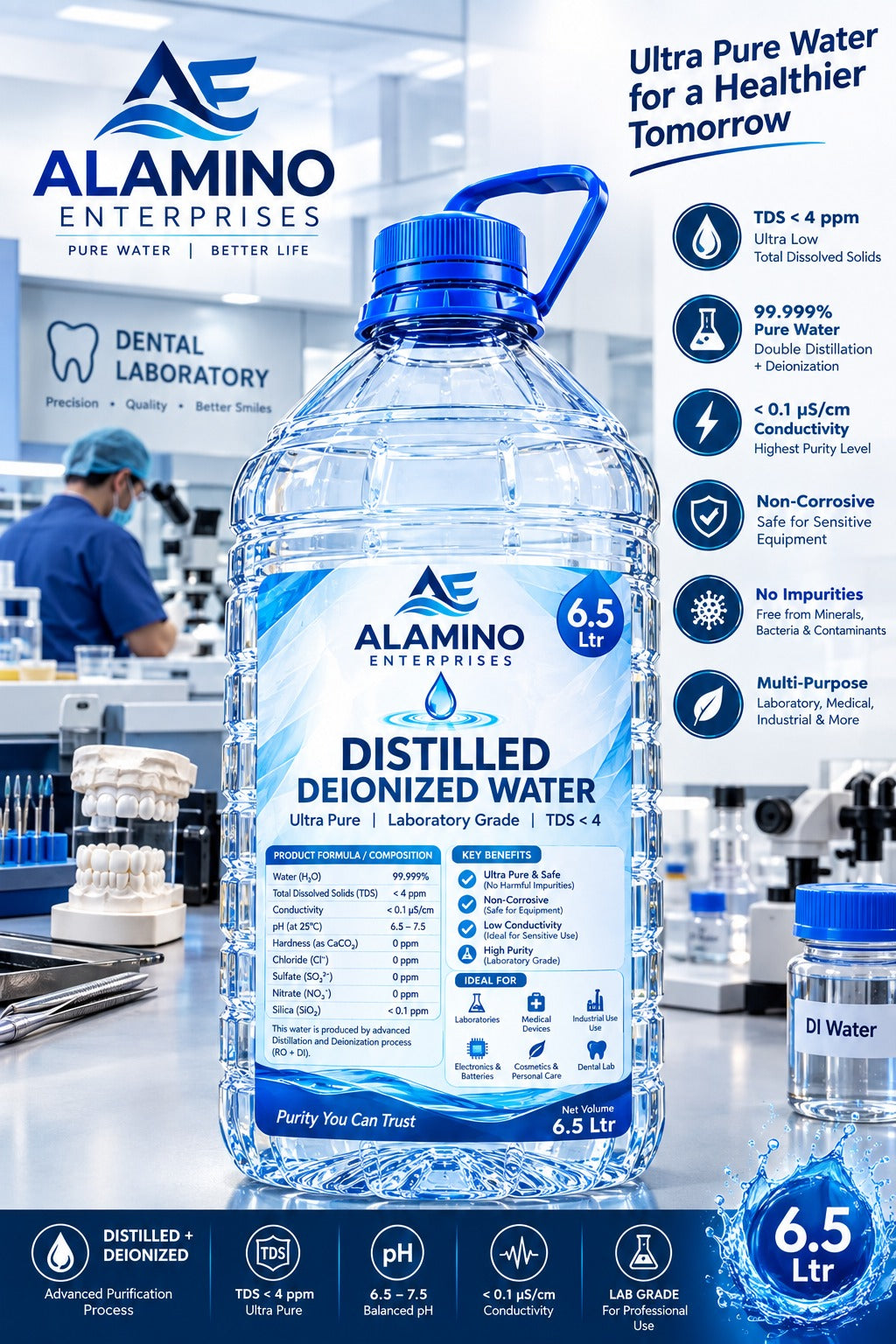 Alamino Distilled & Deionized Water 6.5L – Ultra Pure Laboratory Grade