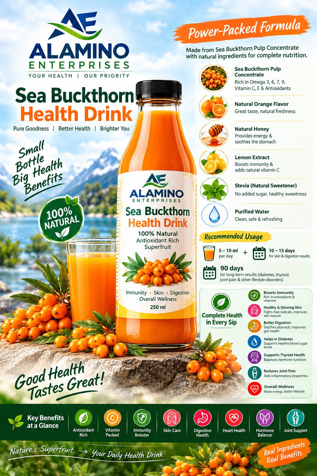 Alamino Sea Buckthorn Health Drink – 250ml | 100% Natural Antioxidant Rich