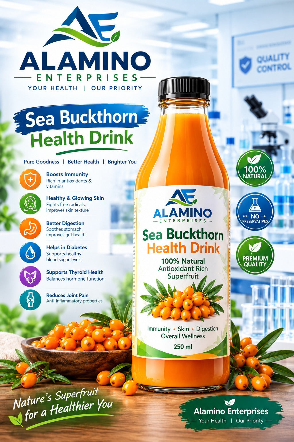 Alamino Sea Buckthorn Health Drink – 250ml | 100% Natural Antioxidant Rich